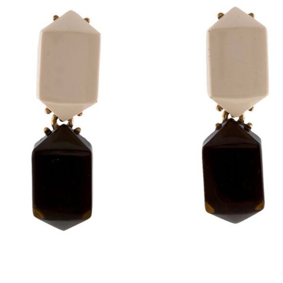 Oscar de la Renta Designer Tan Black Resin Drop Dangle Clip on Earrings - Picture 2 of 9